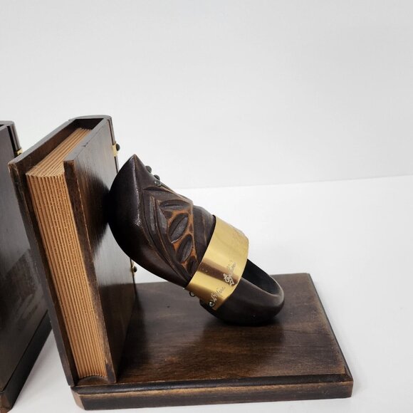 Vintage Normandie Wood Clog Shoes Design Bookends Pair Brown Rustic Primitive - Picture 3 of 13